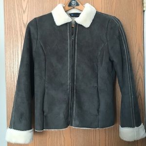 Olive green/sage colored suede jacket, size M, Sherpa accented collar & cuffs.